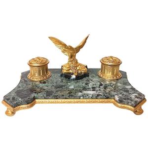 Inkwell In Swedish Green Marble And Gilded Bronze