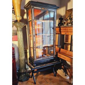Louis XIV Marquetry Display Cabinet In Engraved Ivory And Tortoiseshell On An X-shaped Base