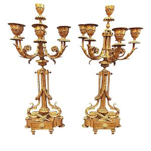 Large Pair Of Gilt Bronze Candelabra In Louis XVI Style, 19th Century