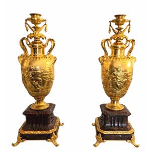 F. Barbedienne Et Clodion Gilt Bronze And Red Marble Torches