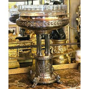 Large St Egyptian Centerpiece In Silver-plated Metal And Cut Glass