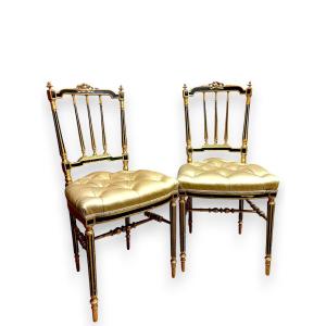 Pair Of Louis XVI Style Upholstered Chairs In Gilded Wood