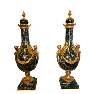 Large Ornamental Vases, Green Marble & Gilt Bronze