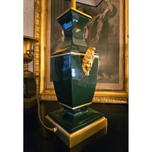 Maison Jansen Large Lamp In Green Lacquer And Gilded Bronze