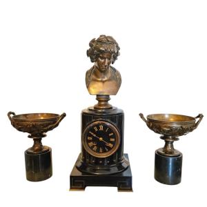 Barbedienne Marble And Patinated Bronze Mantel Set 19th Century