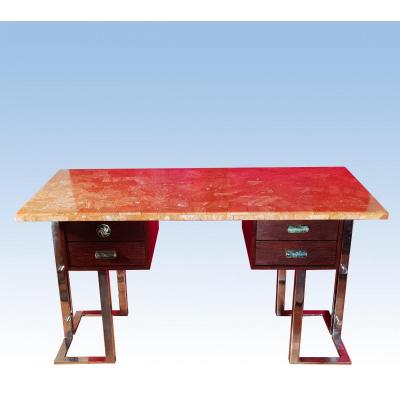 70's Desk In Palm Tree, Chrome, Carnelian And Cloisonne Bronze