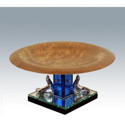 Centre De Table Art Déco Bronze Et Verre Teinté De Murano