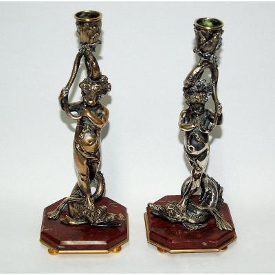 Flambeaux Putto On A Dolphin Silver Bronze