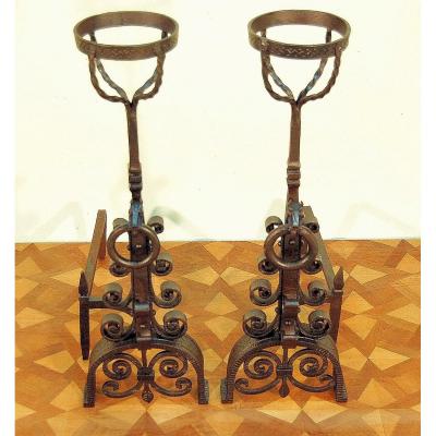 Pair Of Andirons With Horse Heads In Wrought Iron