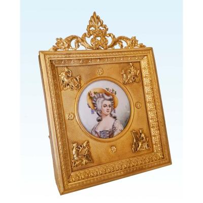 Miniature On Ivory Nineteenth In Its Golden Brass Frame