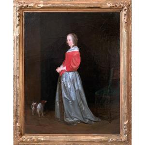 Elegant Woman With Dog, 19th Century (follower) Gerard Ter Borch (1617/1681)