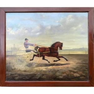 Antique Painting Signed émile Bujon 1873 Equestrian Scene Sulky Carriage