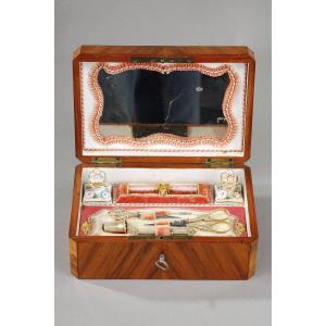 Sewing Box In Rosewood Veneer, Gold And Silver, 19th