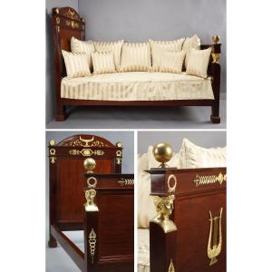 Empire Period Mahogany Sofa Bed Decorated With Lyre And Bust Of Mercury, 19th