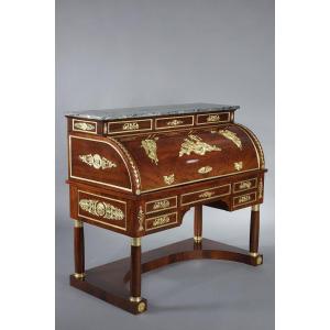 Cylinder Desk In Mahogany And Gilt Bronzes, Empire Style, 19th Century