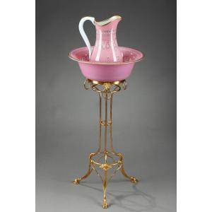 Pitcher And Its Basin In Pink Opaline On A Gilt Bronze Base, 19th Century