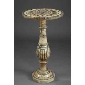 Pedestal Table In Alabaster With Marble Inlay Top In Italian Style, 16th Century 