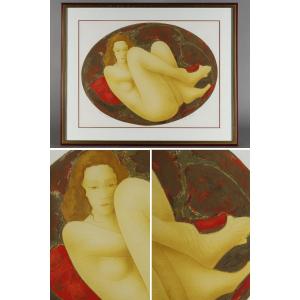 Lithograph By Alain Bonnefoit (1937) Nude Woman Lying On A Bed.
