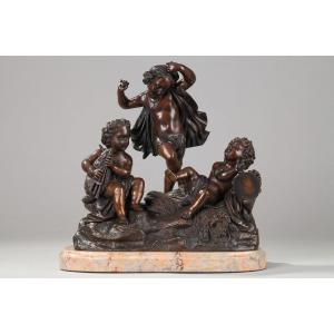Musician Loves In Patinated Bronze And Marble, 19th Century