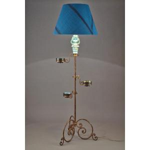 Tripod Floor Lamp With Blue Ceramic Figure