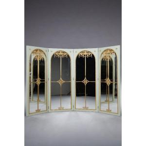 Four-leaf Mirror Screen In Lacquered Wood And Gilt Bronze Frame
