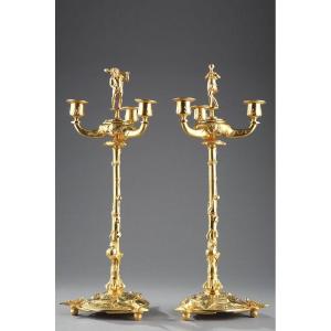 Candlesticks Naturalist Candlesticks In Gilt Bronze In The Taste Of Auguste Cain