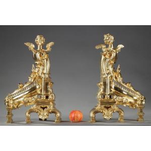 Antique Rocaille Style Andirons In Gilt Bronze Decorated With Winged Women
