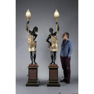 Pair Of Torchere Doors Representing Nubians In Black Lacquered And Polychrome Wood
