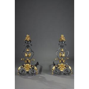 Very Large Pair Of Wrought Iron Fireplace Fronts With Foliage Decor, Mask And Volutes