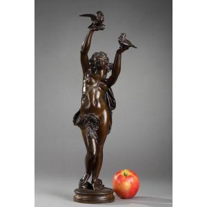 Bronze "woman With Doves" By Charles-alphonse Gumery (1827-1871)