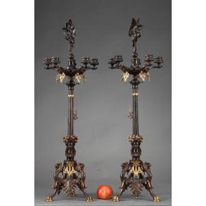 Large Pair Of Candlesticks On Bronze Feet In Neo-greek Style, 19th Century