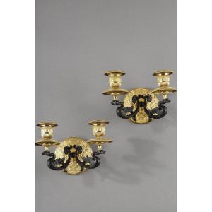 Small Pair Of Gilt Bronze And Brown Patina Wall Lights With Two Light Arms
