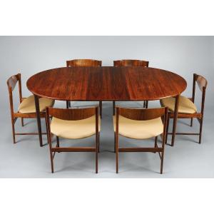Ib Kofod-larsen Rosewood Dining Table With Extension And Six Chairs