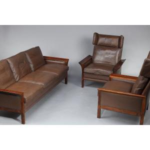 Rosewood Living Room Furniture Set Consisting Of A Sofa And A Pair Of Leather Armchairs