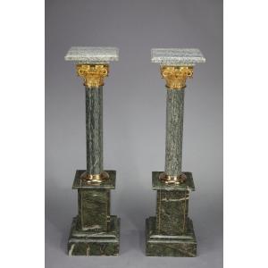 Pair Of Columns In Green Estours Marble With Corinthian Capitals