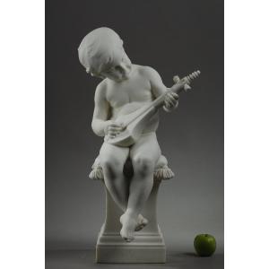 The Little Musician, Large Carrara Marble Sculpture Signed Barrias.