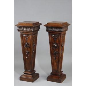 Pair Of Walnut Sheathed Sideboards Carved With Fruit And Plant Decor