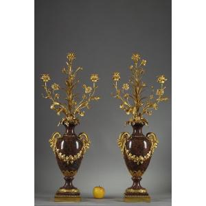 Pair Of Louis XVI Style Candelabra In Griotte Red Marble And Gilt Bronze
