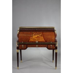 Louis XVI Style Cylinder Desk In Marquetry And Gilt Bronze, Late 19th Century