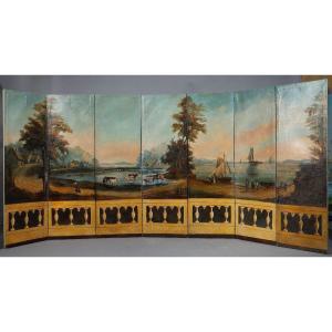 Seven-leaf Screen In Painted Canvas, French Work, Circa 1830