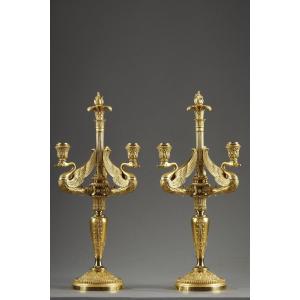 Pair Of Three-light Candlesticks In Chiseled And Gilded Bronze Signed Barbedienne