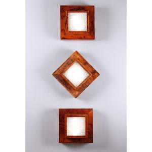 Three Ceiling Lights Or Wall Lights In Elm Burl Veneer, Art Deco Period