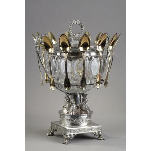 A Crystal Jam Or Sugar Bowl And Silverware Set With Twelve Silver-gilt Spoons