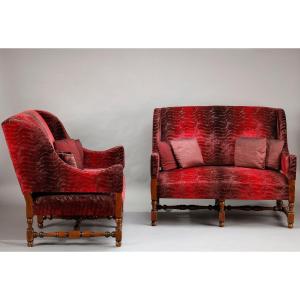 Pair Of Large Louis XIII Style Bordeaux Red Velvet Sofas