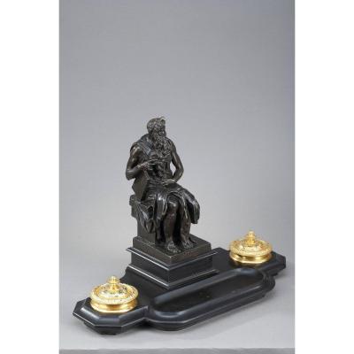 Marble Inkwell: Moses By Michelangelo, Napoleon III Period