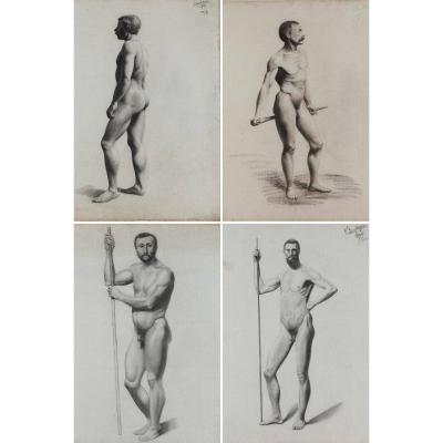 4 Nude Drawings After A Live Model By V. Geoffroy, Circa 1895