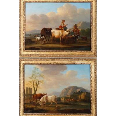 Landscapes With Cows, Pair Of Oil On Panel, Signed Dieboldt