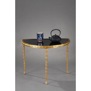 Small Half Moon Table With Aged Mirror Top In Bronze, Maison Baguès