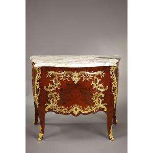 Louis XV Style Curved Commode With Marquetry And Gilt Bronze Decor