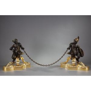 Pair Of Andirons Representing A Soldier And A Beggar